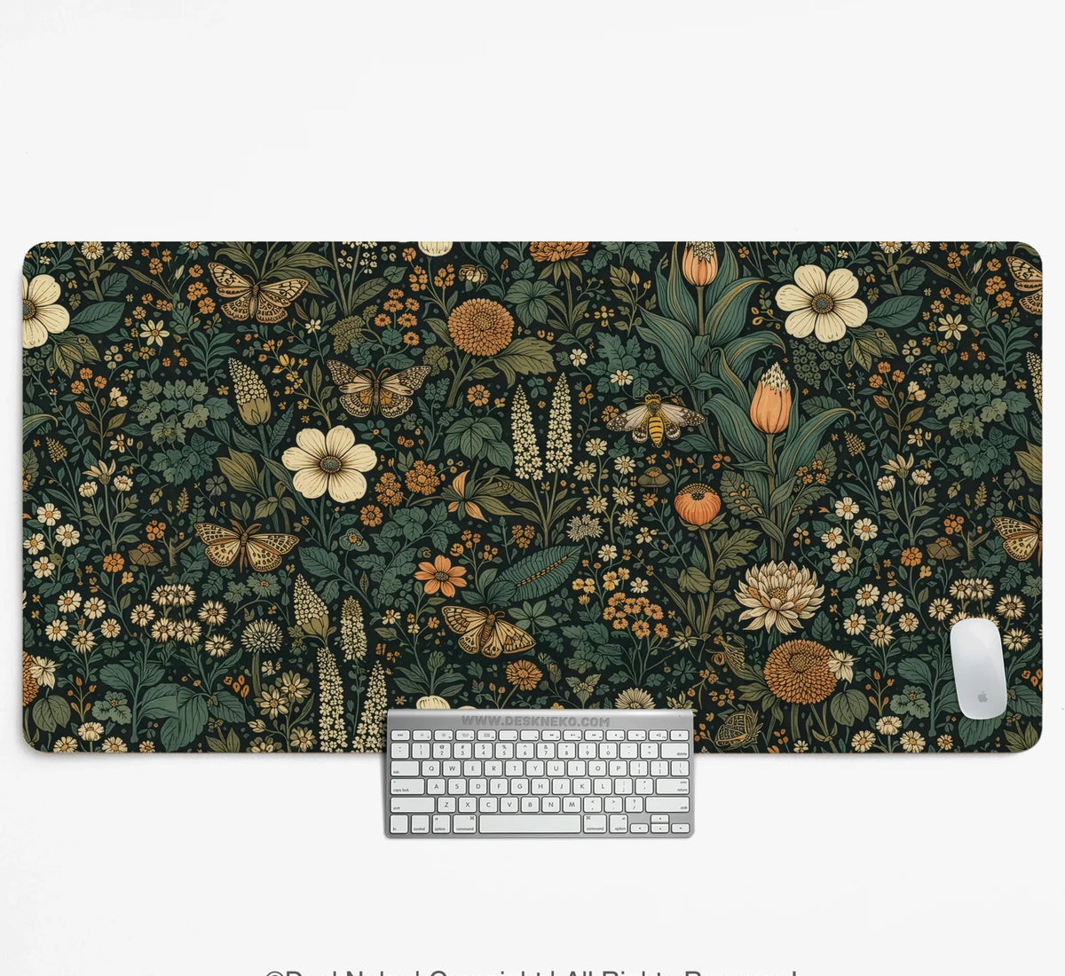 Dark Floral Cottagecore Desk Mat with Botanical Butterflies - Deskneko