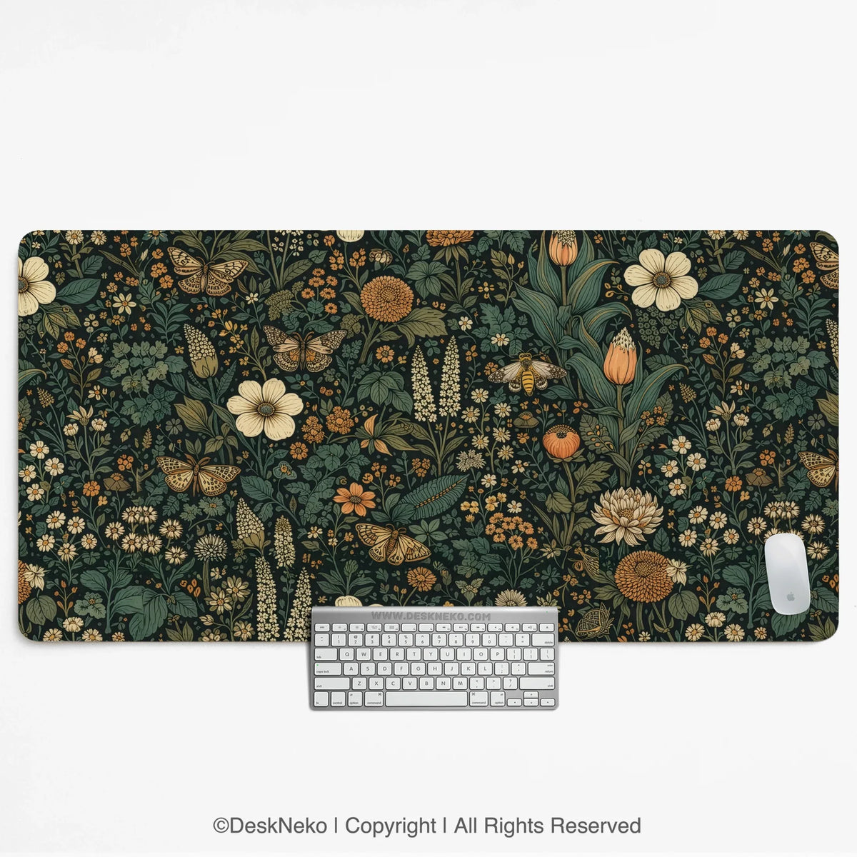 Dark Floral Cottagecore Desk Mat with Botanical Butterflies - Deskneko
