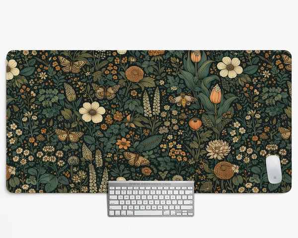 Dark Floral Cottagecore Desk Mat with Botanical Butterflies - Deskneko