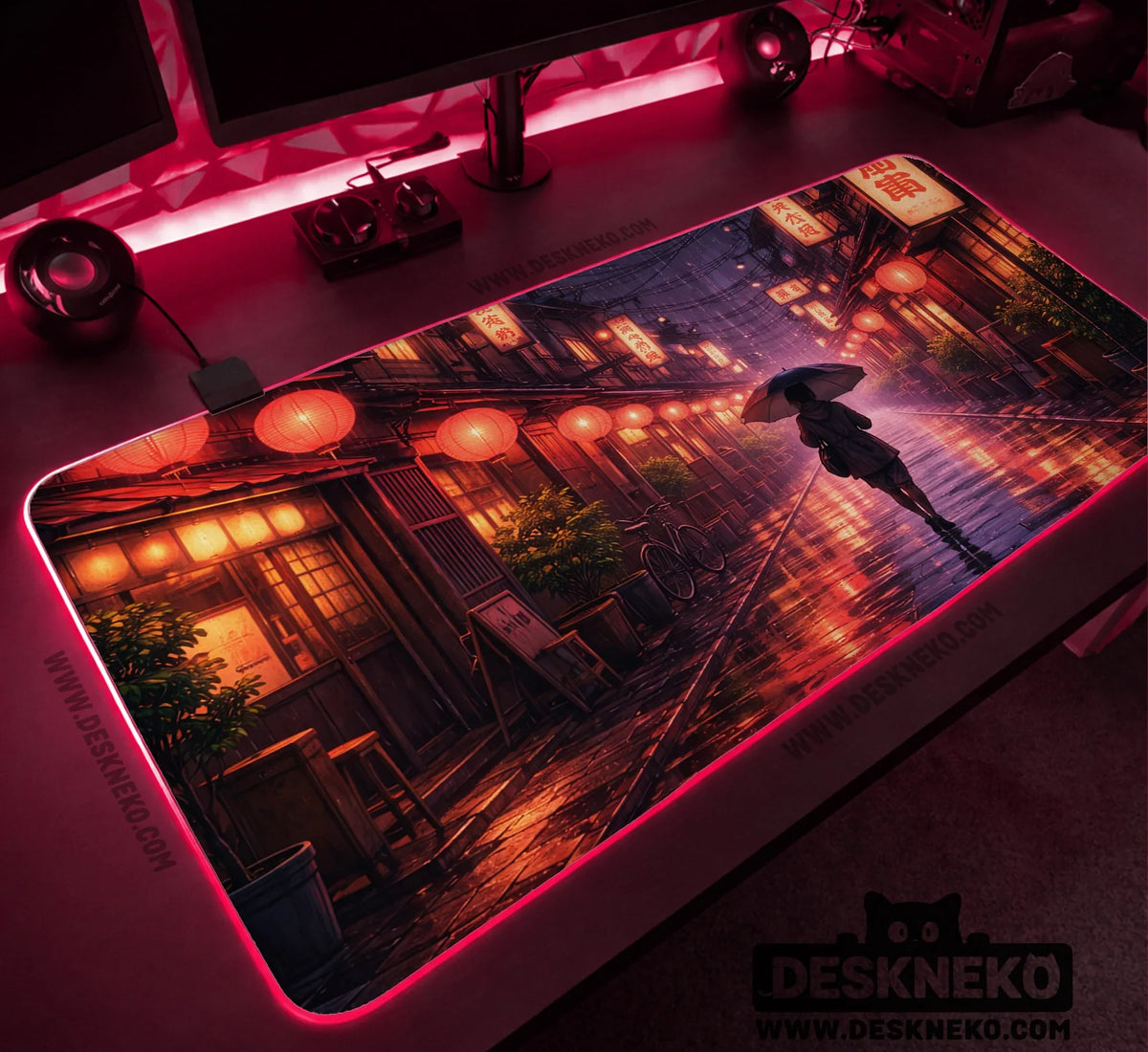 Lofi Anime Desk Mat XXL Extended Japanese Rainy Street - Deskneko