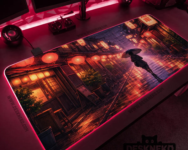 Lofi Anime Desk Mat XXL Extended Japanese Rainy Street - Deskneko