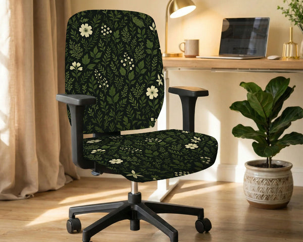Botanical Office Chair Cover with Dark Green Floral Pattern - Deskneko