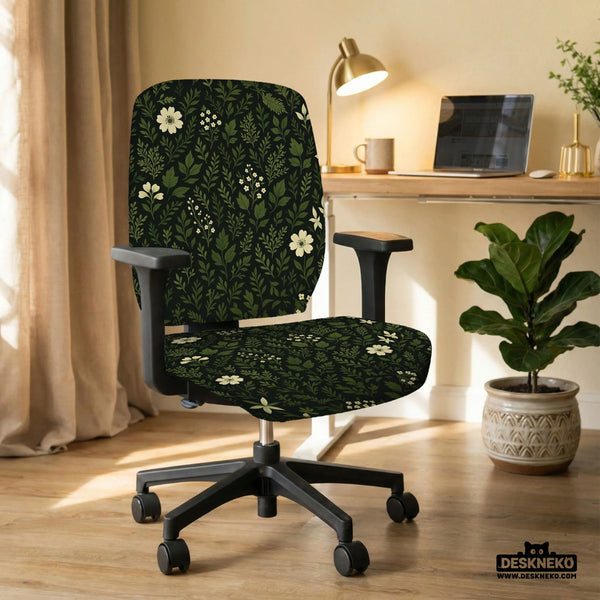 Botanical Office Chair Cover with Dark Green Floral Pattern - Deskneko