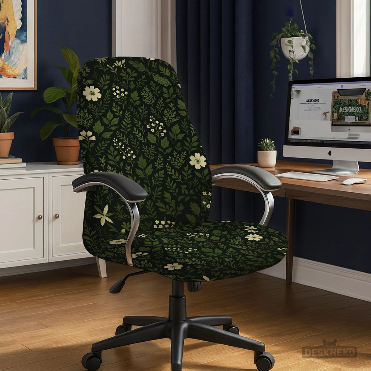 Botanical Office Chair Cover with Dark Green Floral Pattern - Deskneko