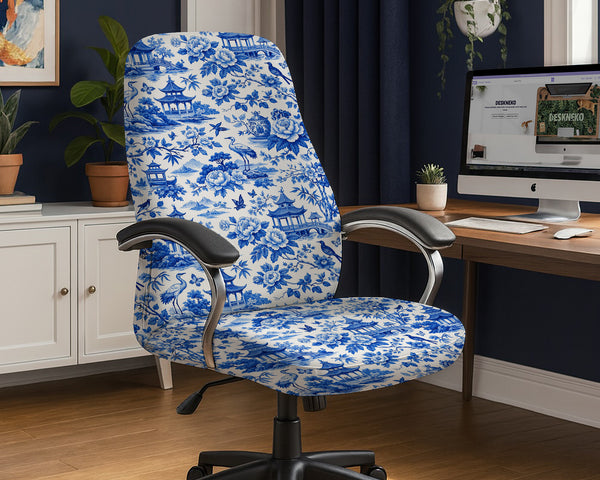 Blue Chinoiserie Desk Chair Cover - Chair Covers - Deskneko - Desk Chair Covers