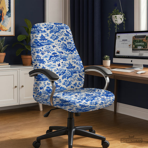Blue Chinoiserie Desk Chair Cover - Chair Covers - Deskneko - Desk Chair Covers