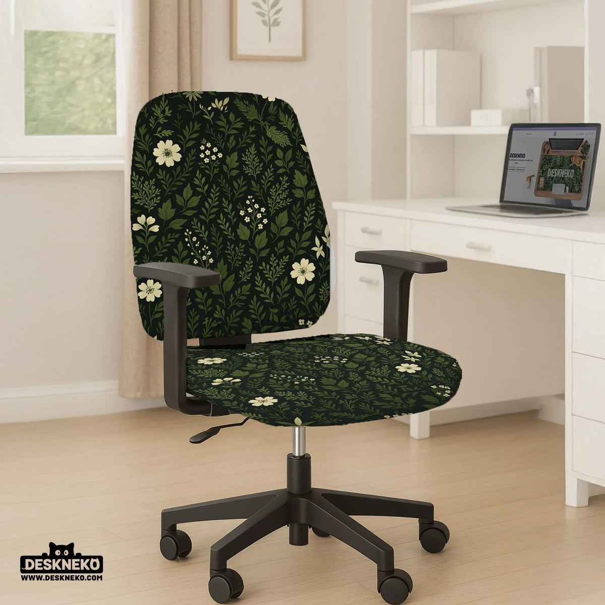 Botanical Office Chair Cover with Dark Green Floral Pattern - Deskneko