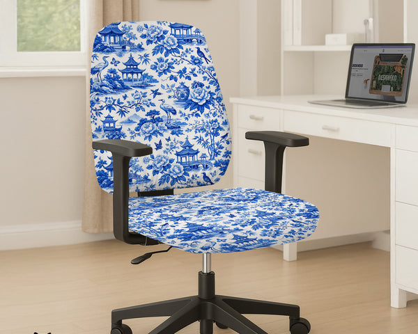 Blue Chinoiserie Desk Chair Cover - Chair Covers - Deskneko - Desk Chair Covers