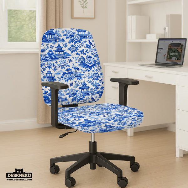 Blue Chinoiserie Desk Chair Cover - Chair Covers - Deskneko - Desk Chair Covers