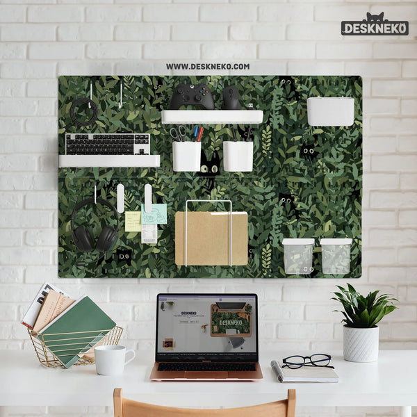 Botanical Cat Desk Pegboard Organizer, Forest Green Workspace Storage - Deskneko