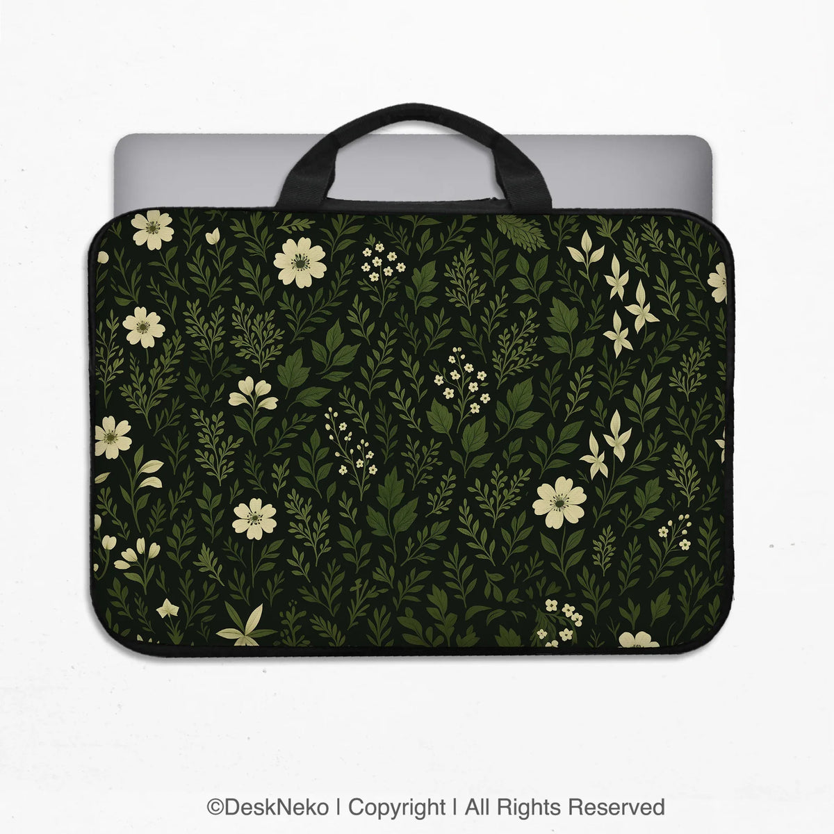 Botanical Laptop Sleeve & Bag with Dark Green Floral Pattern - Deskneko