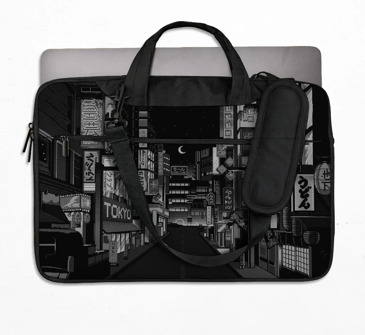Tokyo Night Pixel Laptop Sleeve & Bag – Monochrome Cyberpunk Case - Deskneko