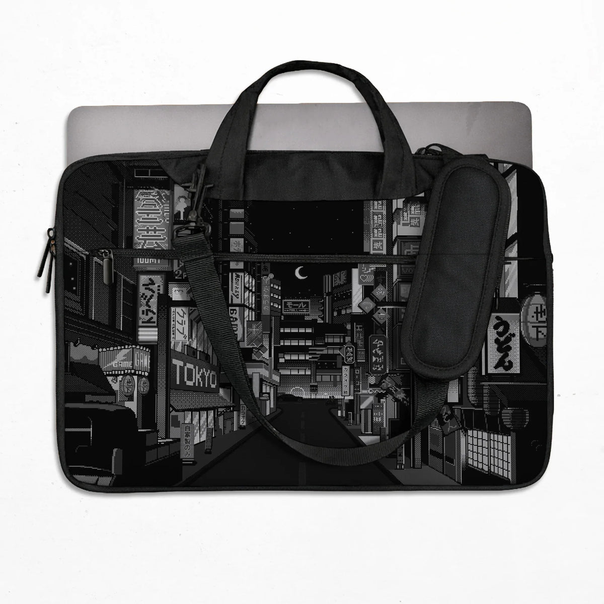 Tokyo Night Pixel Laptop Sleeve & Bag – Monochrome Cyberpunk Case - Deskneko