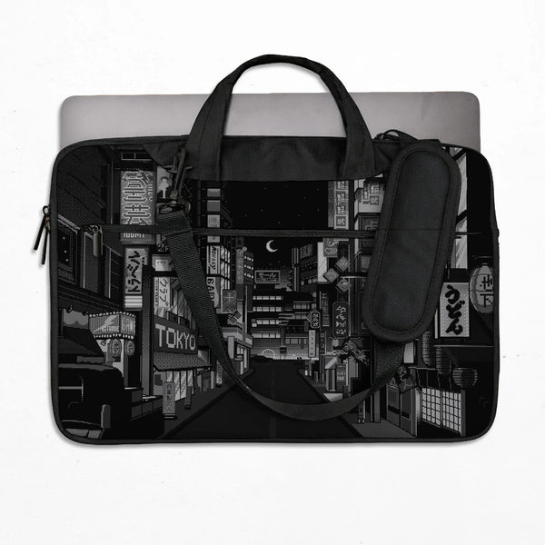 Tokyo Night Pixel Laptop Sleeve & Bag – Monochrome Cyberpunk Case - Deskneko