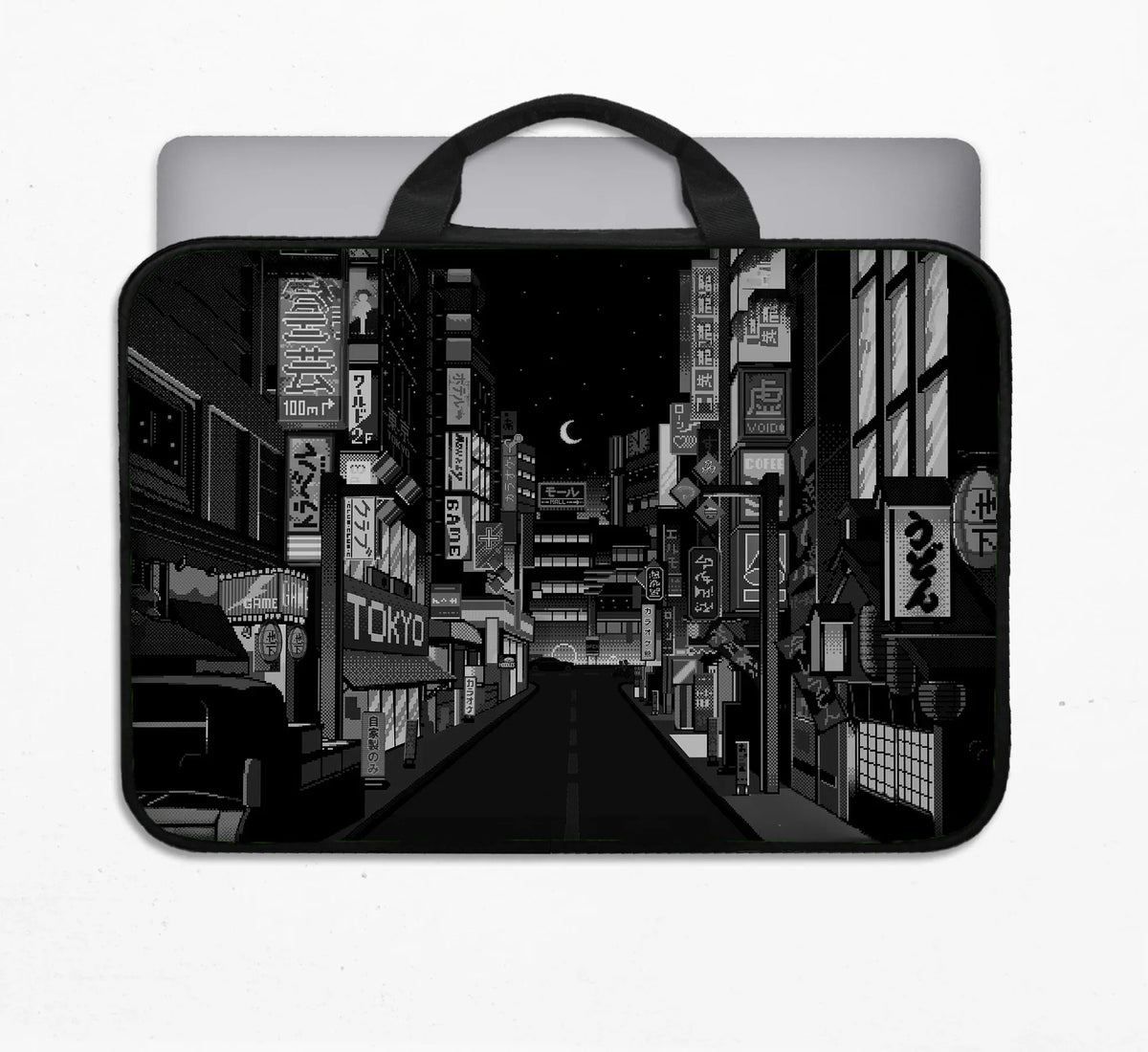 Tokyo Night Pixel Laptop Sleeve & Bag – Monochrome Cyberpunk Case - Deskneko