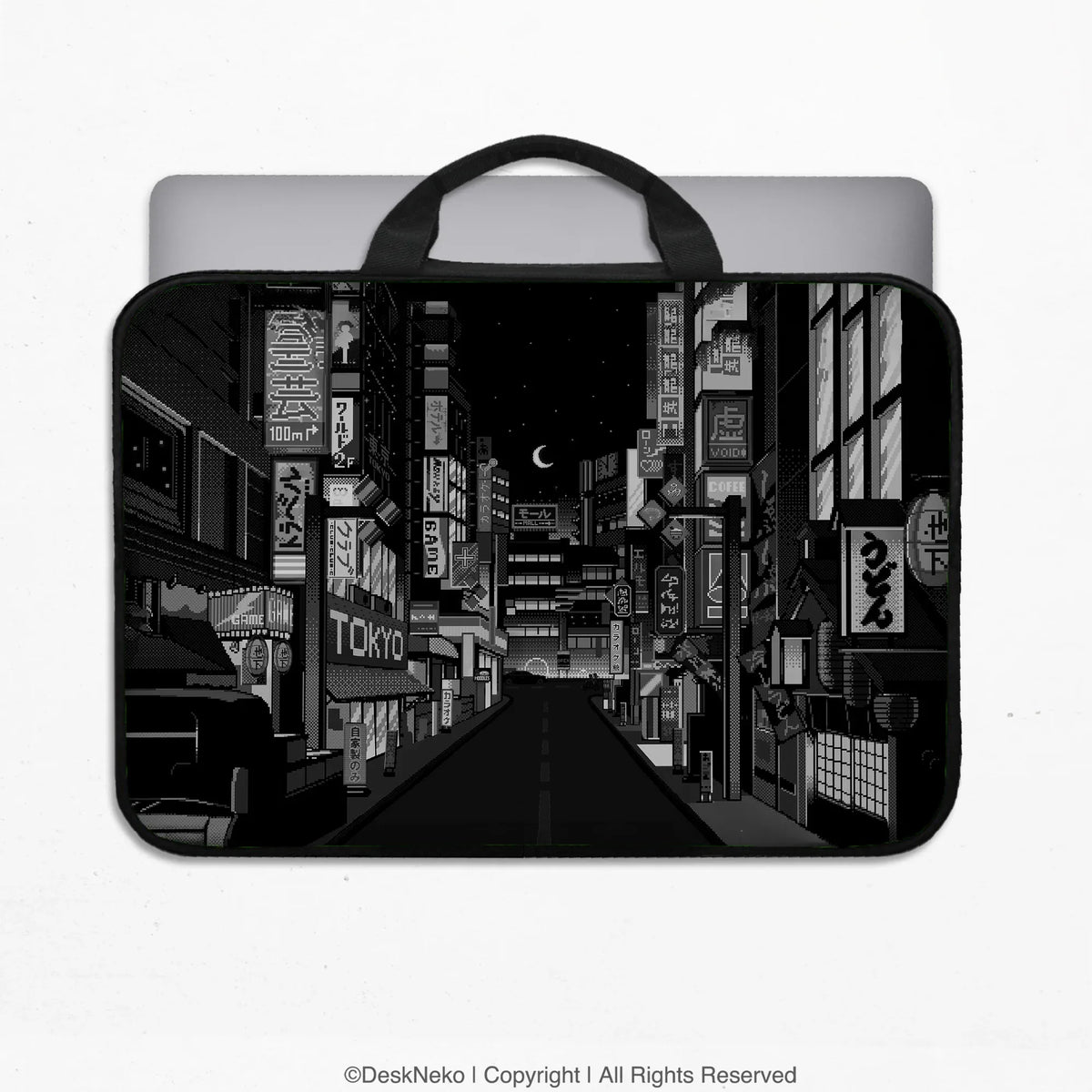 Tokyo Night Pixel Laptop Sleeve & Bag – Monochrome Cyberpunk Case - Deskneko