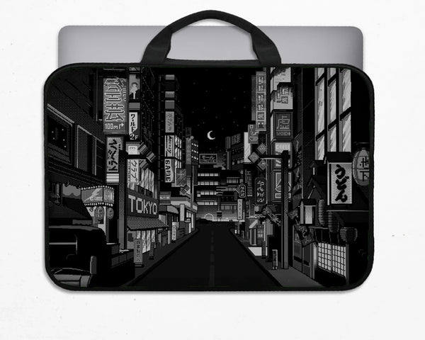 Tokyo Night Pixel Laptop Sleeve & Bag – Monochrome Cyberpunk Case - Deskneko