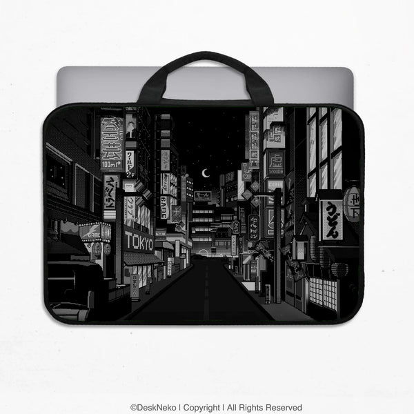 Tokyo Night Pixel Laptop Sleeve & Bag – Monochrome Cyberpunk Case - Deskneko