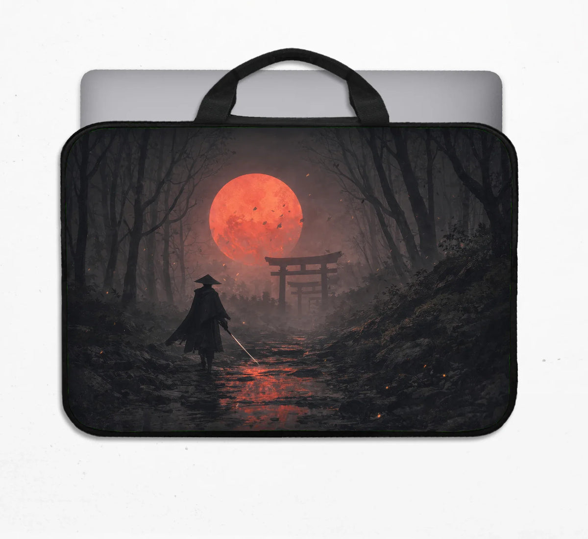 Samurai Red Moon Laptop Sleeve & Bag with Handle and Shoulder Strap - Deskneko