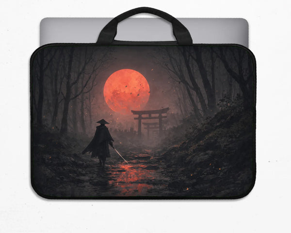 Samurai Red Moon Laptop Sleeve & Bag with Handle and Shoulder Strap - Deskneko