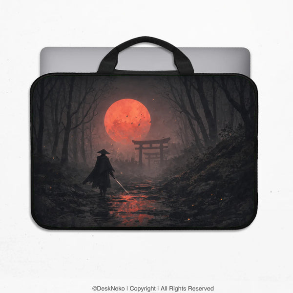 Samurai Red Moon Laptop Sleeve & Bag with Handle and Shoulder Strap - Deskneko