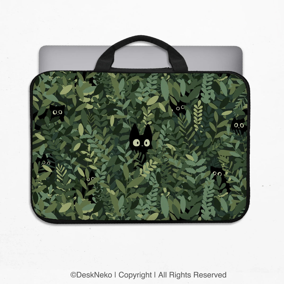 Botanical Cat Laptop Sleeve & Bag, Forest Green Aesthetic Case - Deskneko