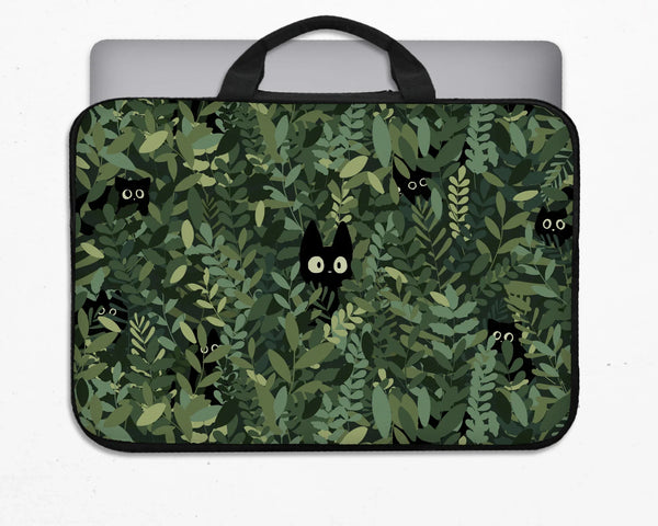Botanical Cat Laptop Sleeve & Bag, Forest Green Aesthetic Case - Deskneko