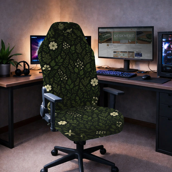Botanical Office Chair Cover with Dark Green Floral Pattern - Deskneko