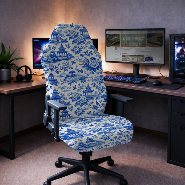 Blue Chinoiserie Desk Chair Cover - Chair Covers - Deskneko - Desk Chair Covers