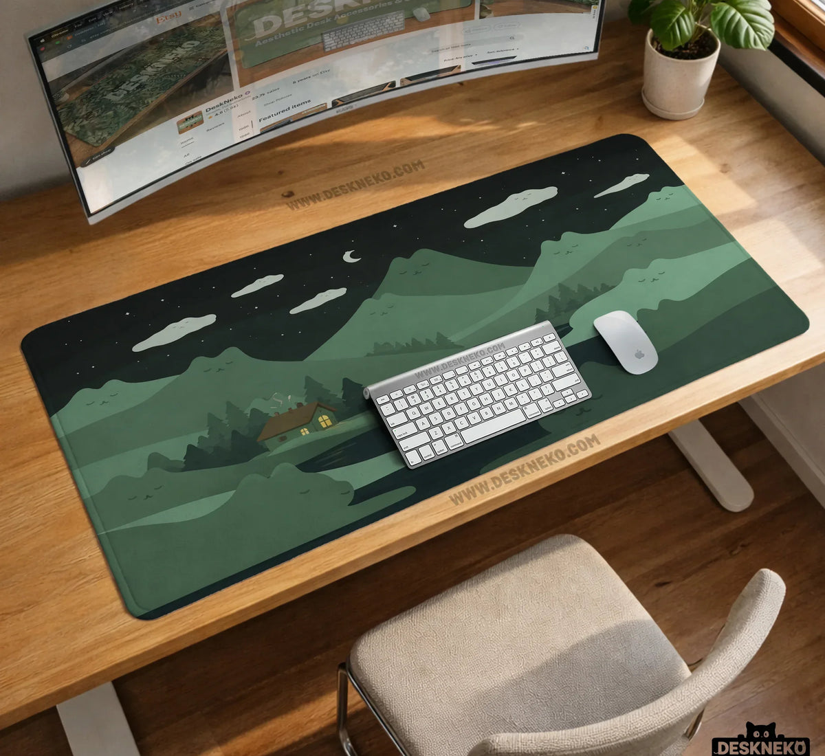 Night Forest Cats Landscape Desk Mat Mousepad XXL - Deskneko