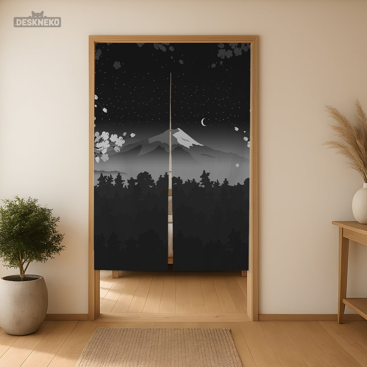Black Mount Fuji Noren Curtain - Noren Door Curtain - Deskneko - Noren Door Curtains