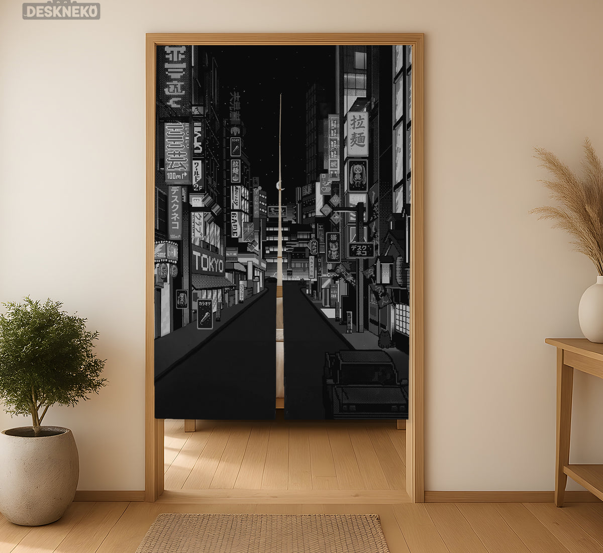 Black Tokyo Street Noren Curtain - Noren Door Curtain - Deskneko - Noren Door Curtains