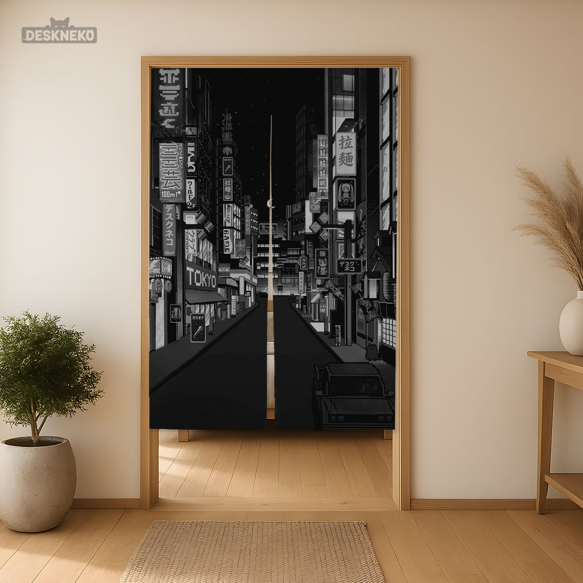 Black Tokyo Street Noren Curtain - Noren Door Curtain - Deskneko - Noren Door Curtains