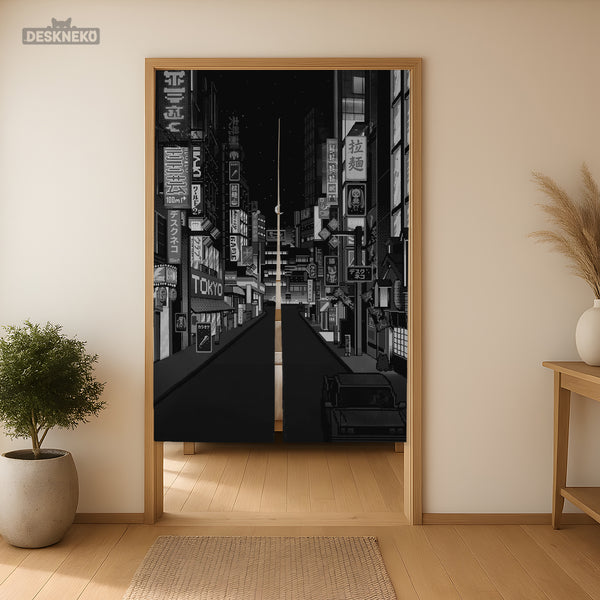 Black Tokyo Street Noren Curtain - Noren Door Curtain - Deskneko - Noren Door Curtains