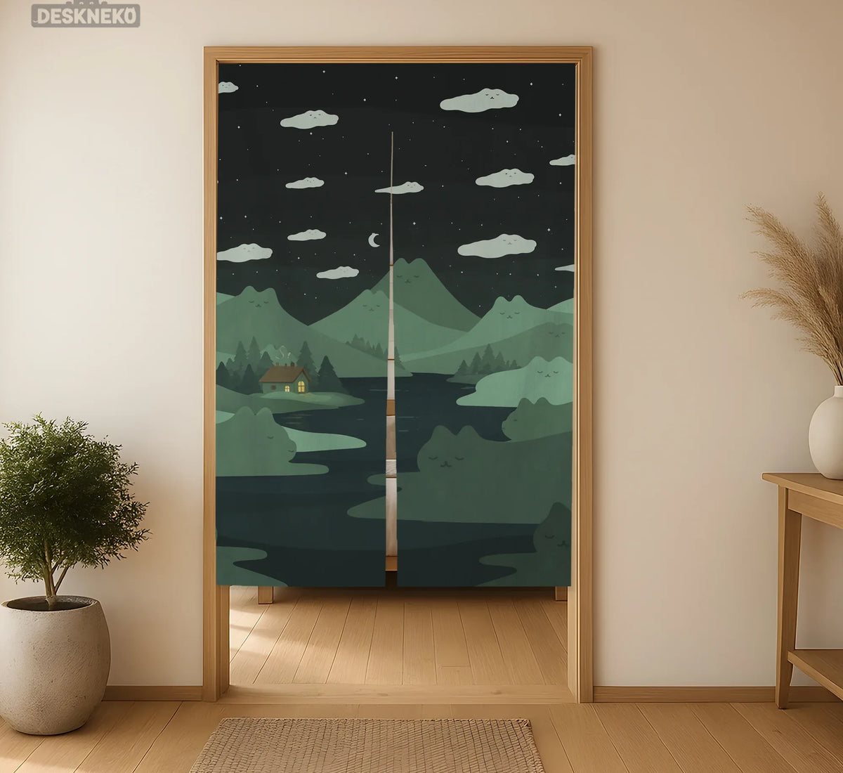 Forest Green Cat Hills Noren Door Curtain - Deskneko