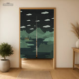 Forest Green Cat Hills Noren Door Curtain - Deskneko