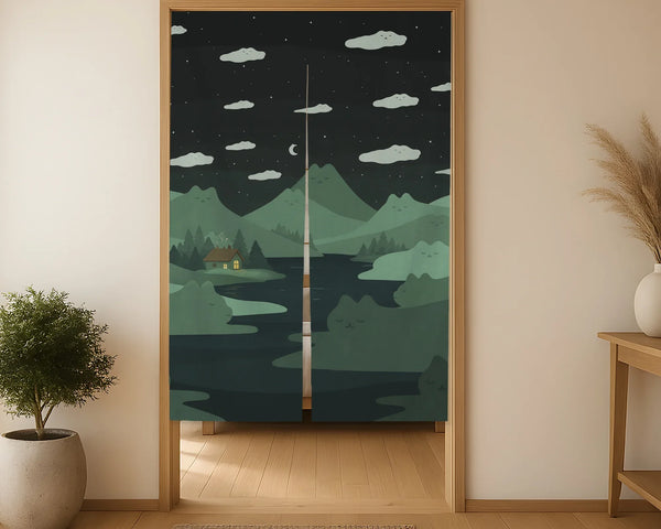 Forest Green Cat Hills Noren Door Curtain - Deskneko