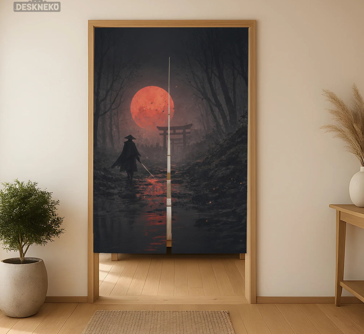 Samurai Red Moon Noren Door Curtain - Deskneko