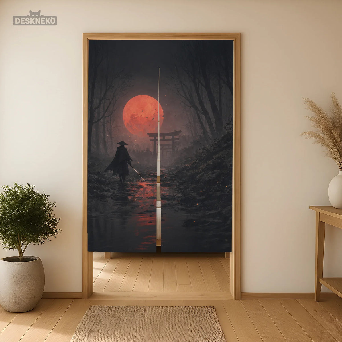 Samurai Red Moon Noren Door Curtain - Deskneko