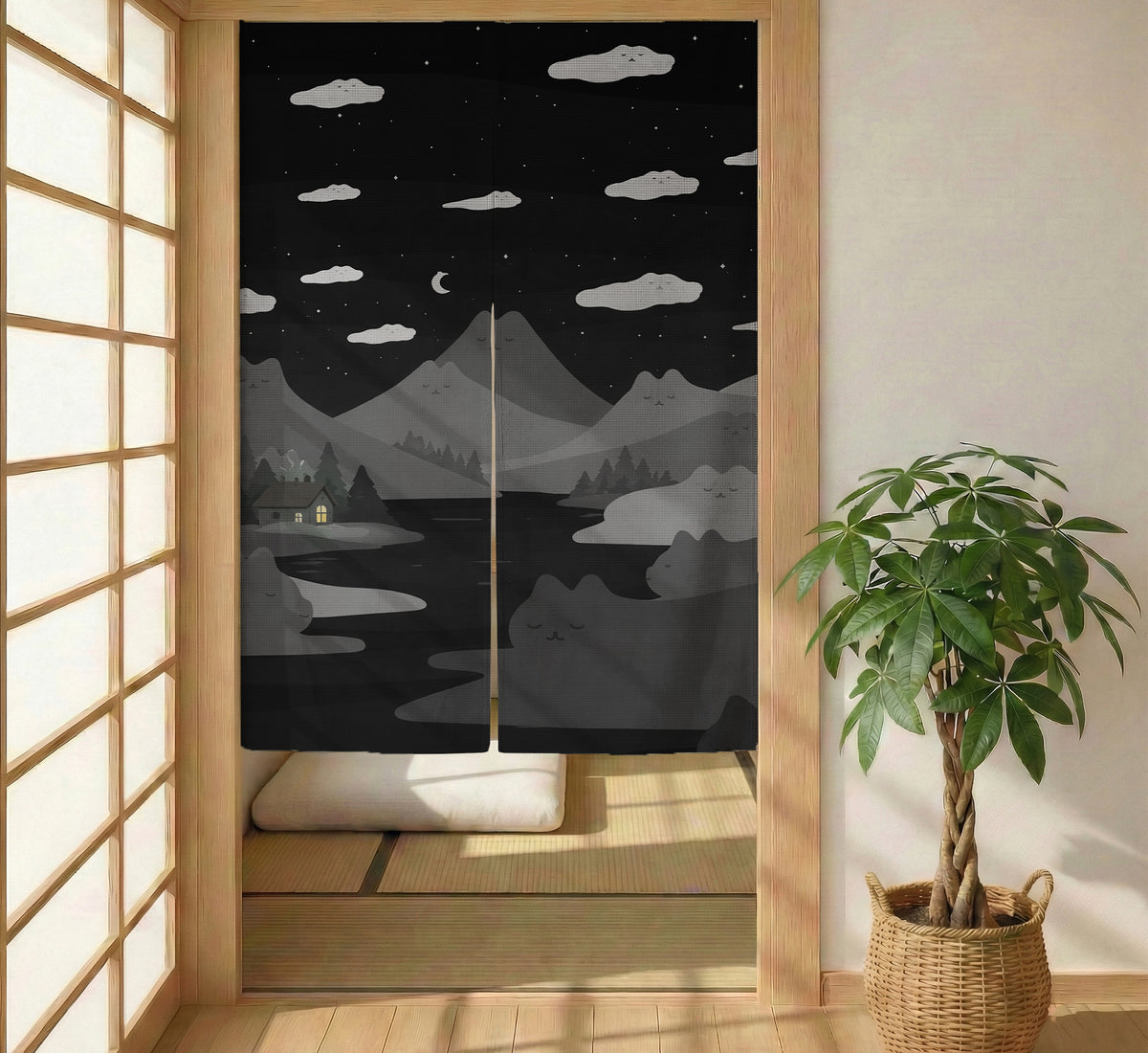 Cute Cat Mountains Noren Curtain - Noren Door Curtain - Deskneko - Noren Door Curtains