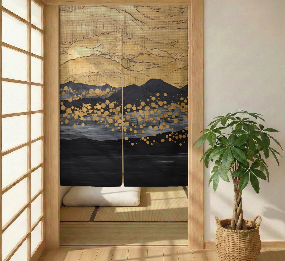 Gold Black Abstract Noren Door Curtain - Deskneko