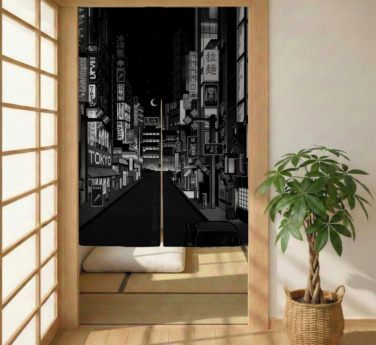 Black Tokyo Street Noren Curtain - Noren Door Curtain - Deskneko - Noren Door Curtains
