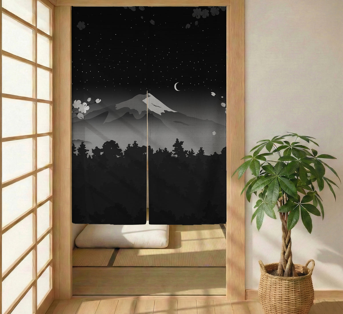 Black Mount Fuji Noren Curtain - Noren Door Curtain - Deskneko - Noren Door Curtains