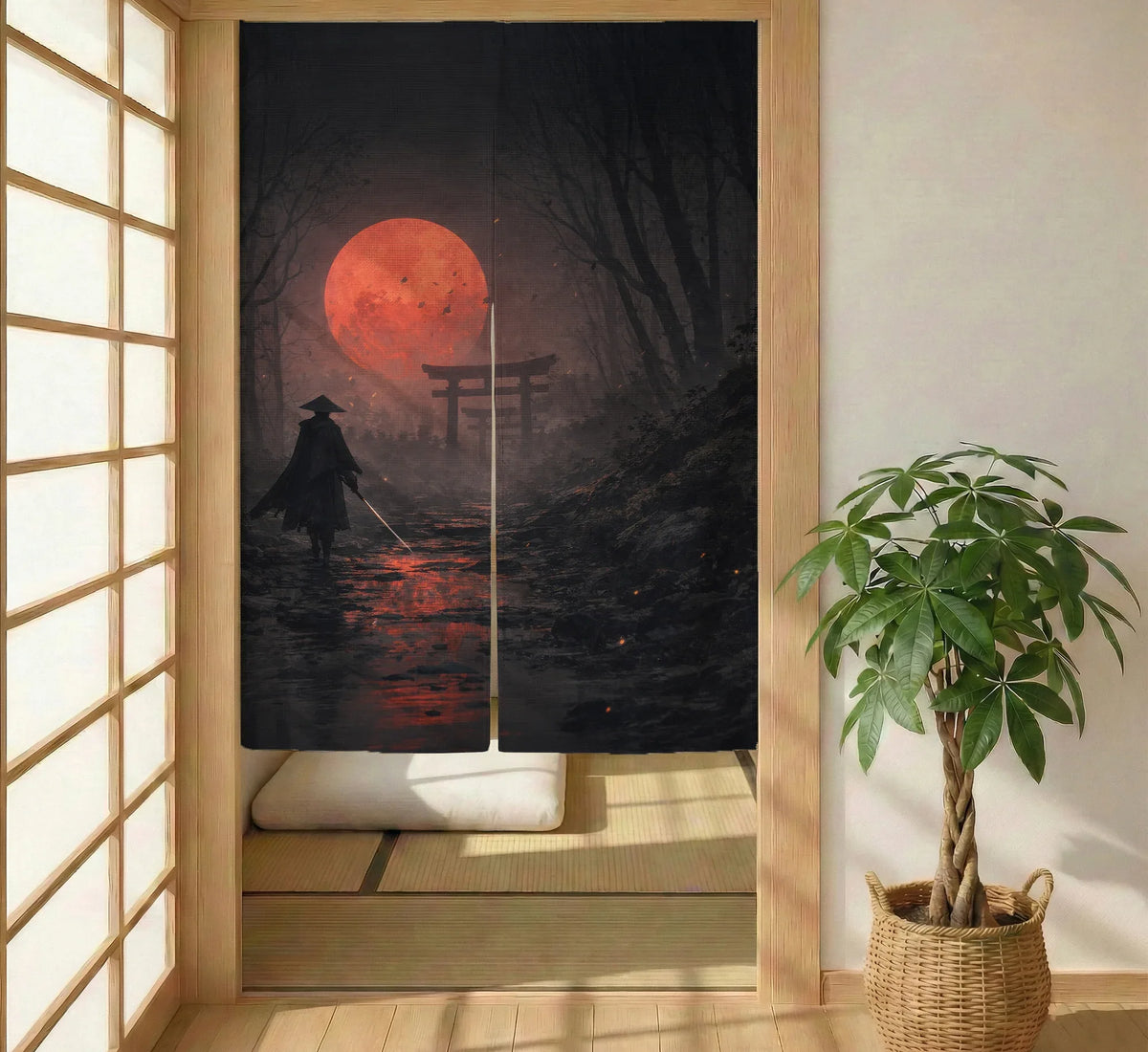 Samurai Red Moon Noren Door Curtain - Deskneko