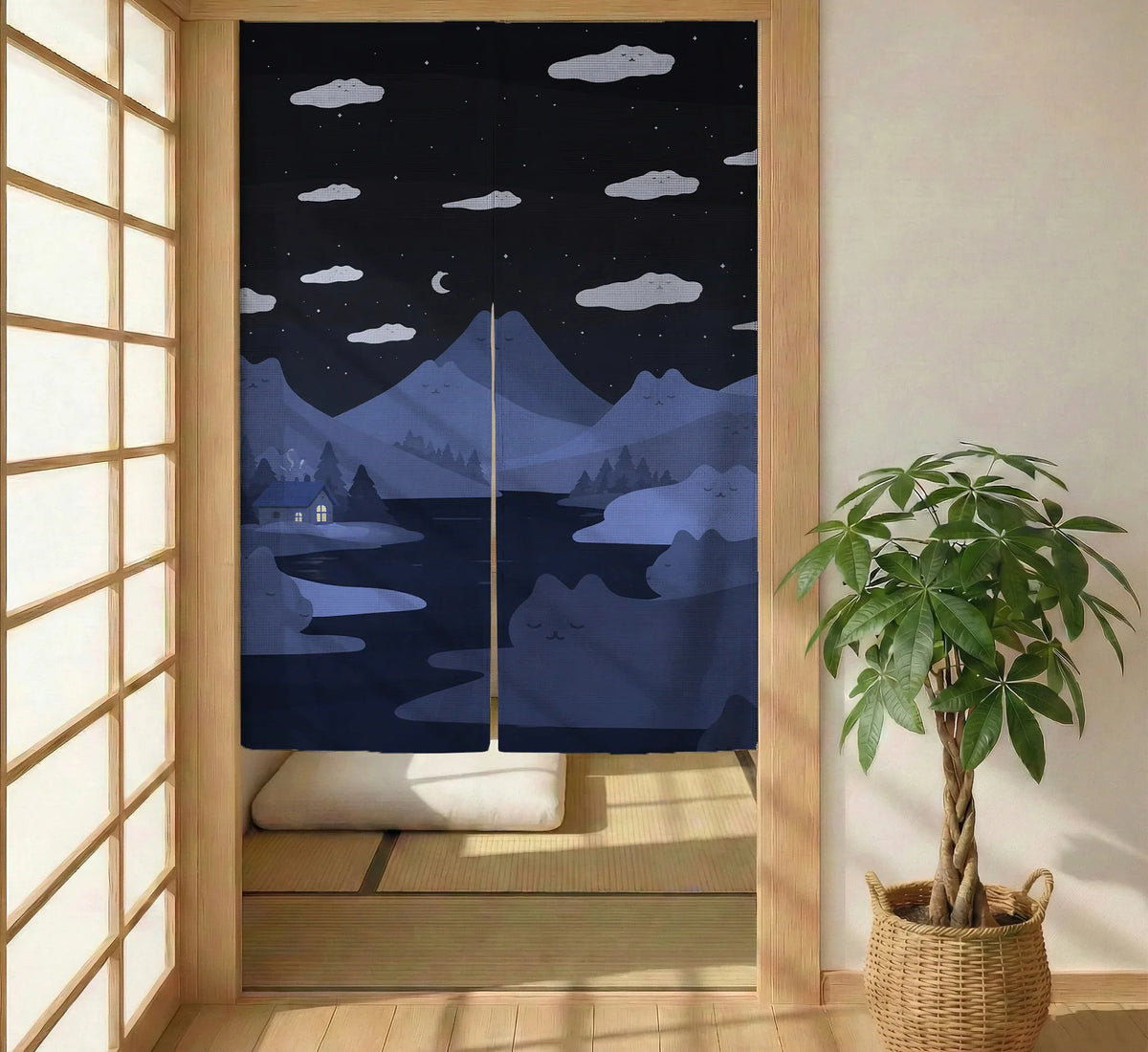 Navy Cat Hills Noren Door Curtain Room Divider - Deskneko