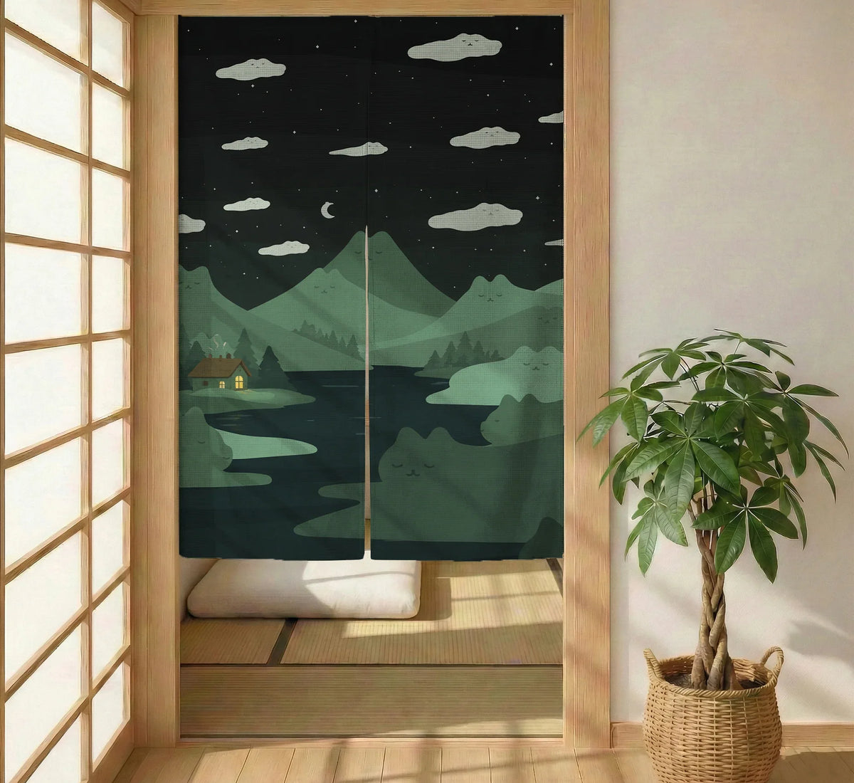 Forest Green Cat Hills Noren Door Curtain - Deskneko