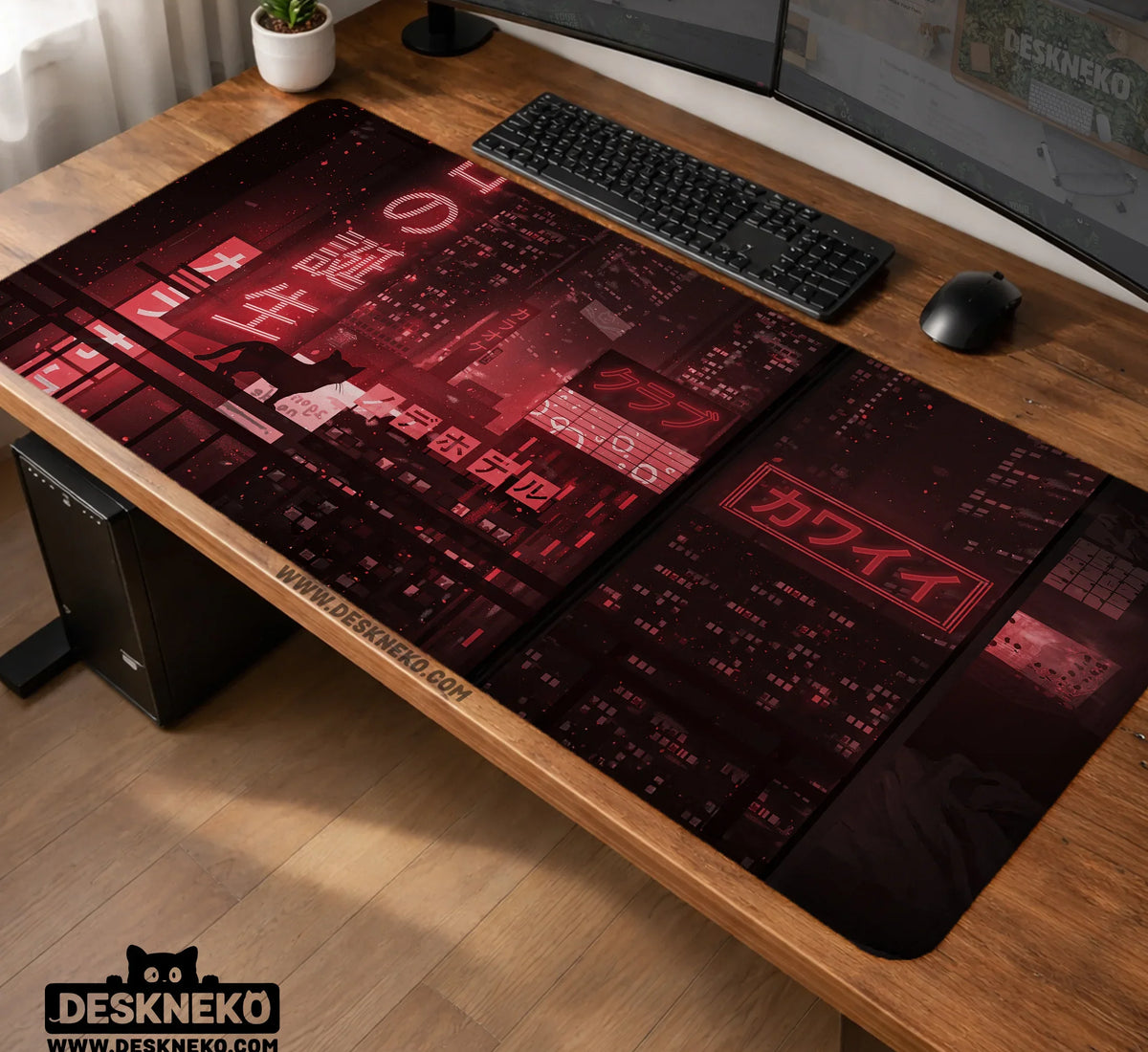 Red Cyberpunk Tokyo Cat Desk Mat - Deskneko