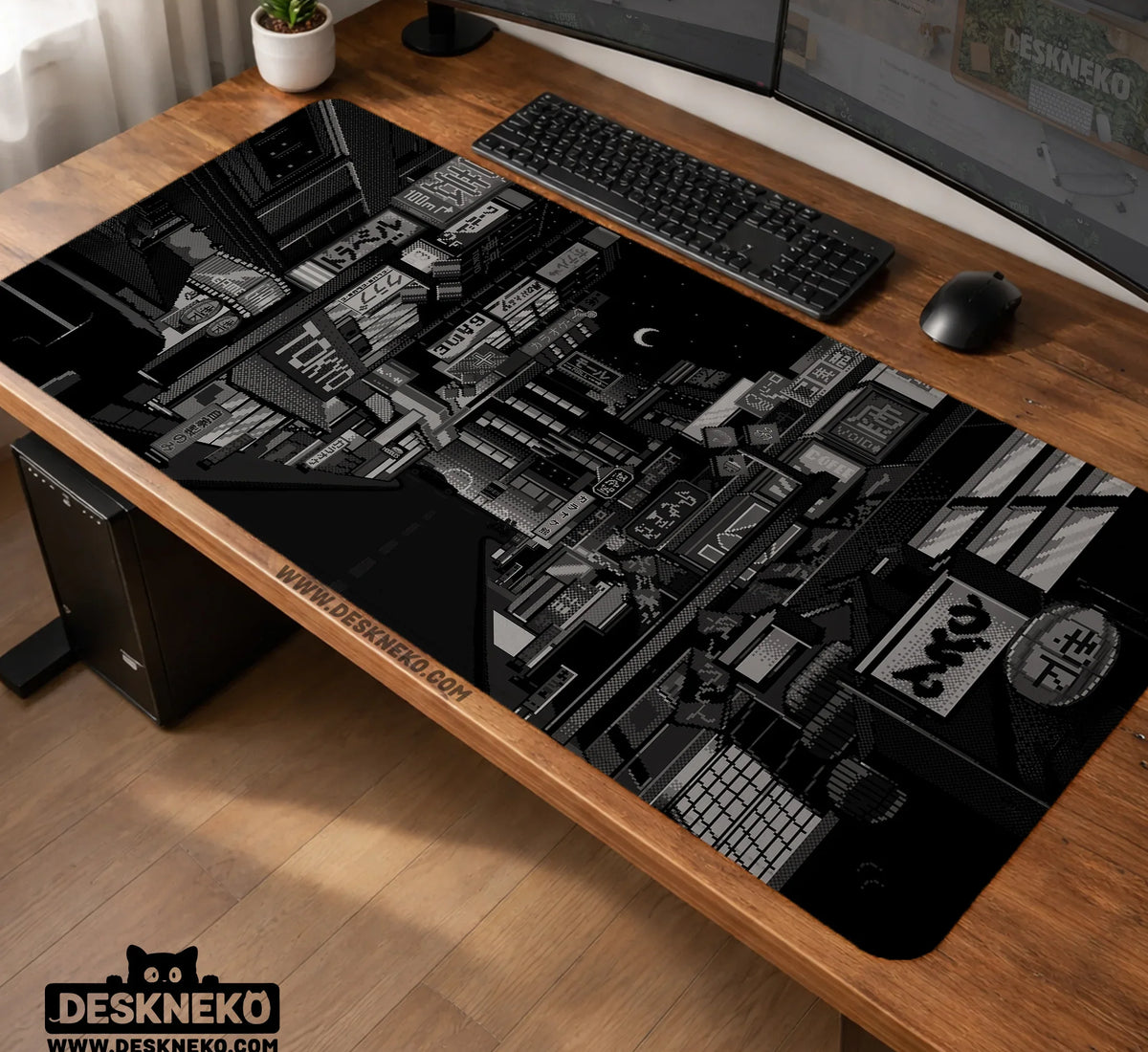 Black White Tokyo Night Desk Mat, Cyberpunk Japanese Street Mousepad - Deskneko