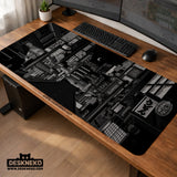 Black White Tokyo Night Desk Mat, Cyberpunk Japanese Street Mousepad - Deskneko