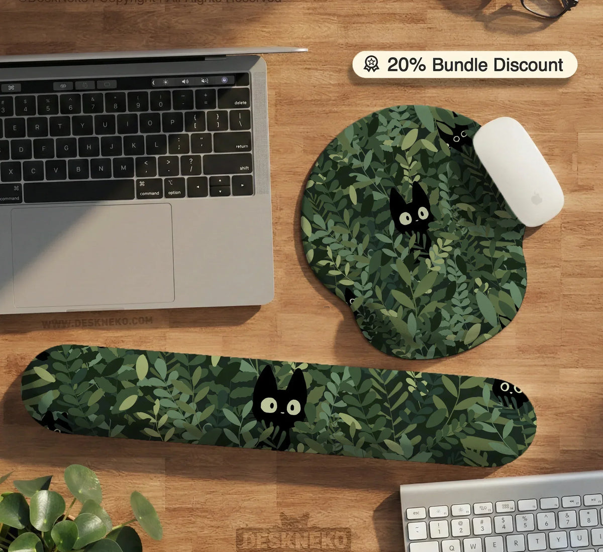 Botanical Cat Ergonomic Mousepad with Wrist Rest for Desk Comfort - Deskneko